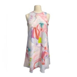 Calvin Klein Pink Blue Red Watercolor Swing Trapeze Dress Size 4